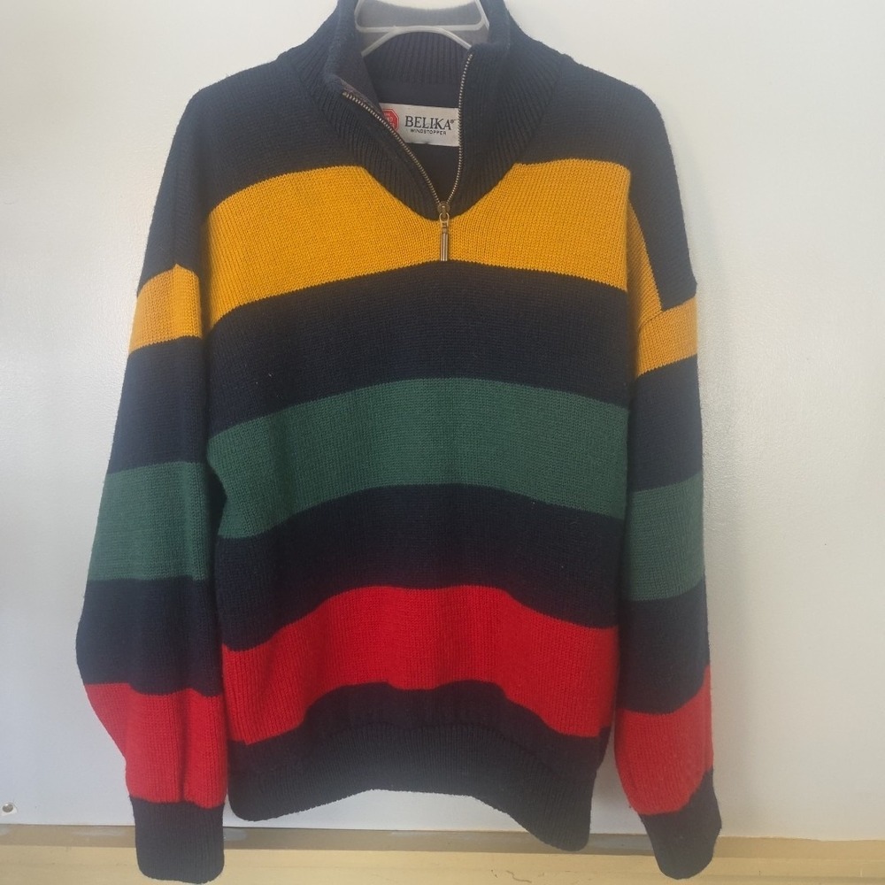 Belika Windstopper 100% Wool Sweater Size 48 Large Vintage Stripes Style 1/4 Zip